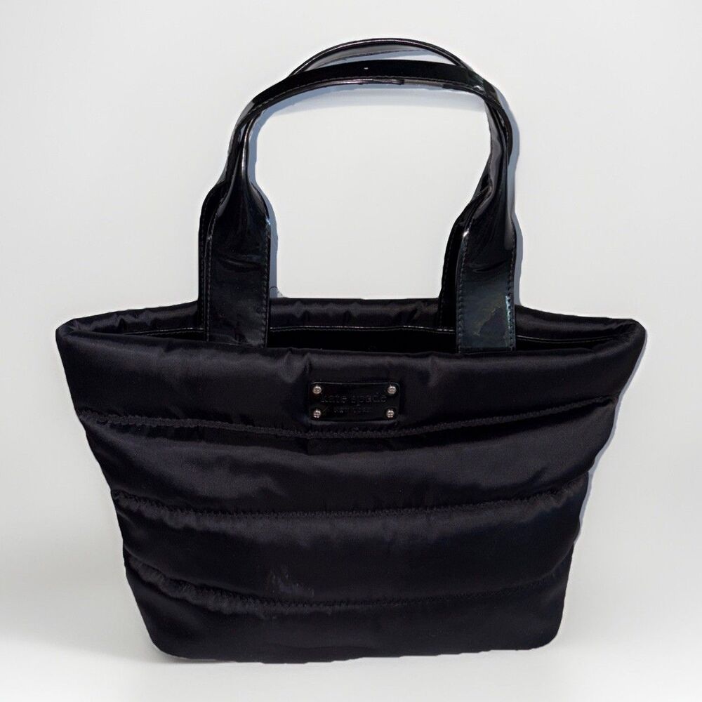 Kate Spade Black Satin Nylon Puffer Handbag With Patent Leather Straps 12" Wide